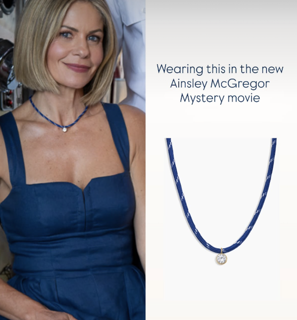 Candace Cameron Bure's blue and diamond necklace worn in the Ainsley McGregor Mysteries movie 2026